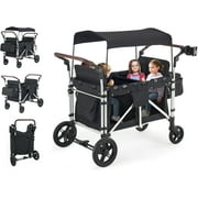 Stroller Wagon for 4 Kids, Linor Wagon Cart Featuring 4 High Seat with 5-Point Harnesses and Adjustable Canopy, Foldable Double Push Bar Wagon Stroller for Garden, Stroller, Camping (Black)