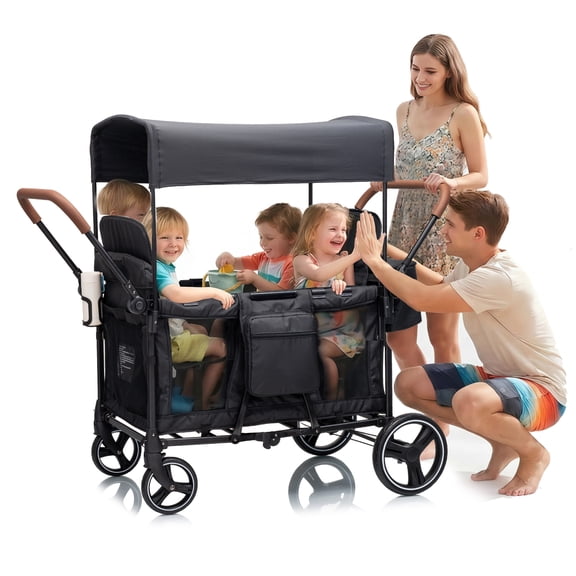 Stroller Wagon for 4 Kids, Premium High-Leg 4-Seater Push Pull Wagon with 2 Removable Seats, 5-Point Harnesses, Adjustable Canopy, Mosquito Net,Snack Tray, Storage, Easy Fold for Travel Camping