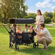 Stroller Wagon for 4 Kids, Premium High-Leg 4-Seater Push Pull Wagon with 2 Removable Seats, 5-Point Harnesses, Adjustable Canopy, Mosquito Net,Snack Tray, Storage, Easy Fold for Travel Camping