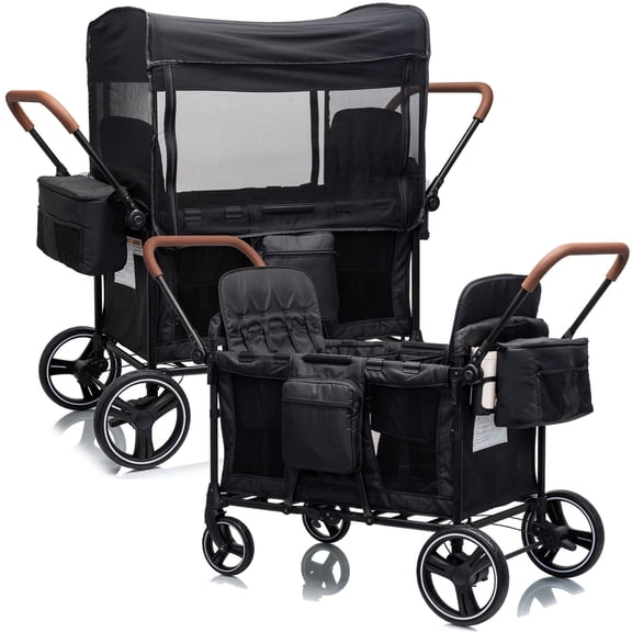 Stroller Wagon, 4-Seater Push Pull Wagon with Removable Seats, 5-Point Harnesses, Adjustable Canopy, Mosquito Net, Snack Tray, for Travel Camping
