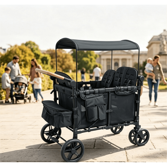 Stroller Wagon 4 Seater, Foldable All-Terrain Wagon with Canopy and 5 Point Harness, Collapsible Push Pull Wagon for Kids Camping and Daily Use