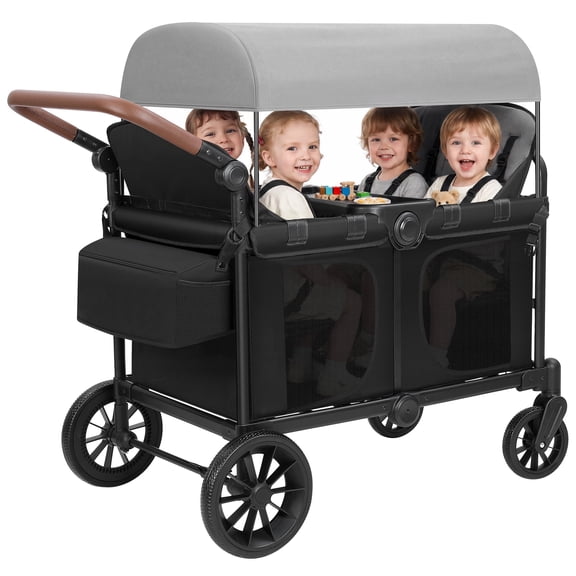 Bobiber Collapsible Wagon Stroller 4 Seater with 5-Point Harnesses, Canopy, Storage Bag, Adjustable Handlebar, 2 Cup Holders, Grey