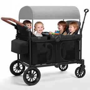 Bobiber Collapsible Wagon Stroller 4 Seater with 5-Point Harnesses, Canopy, Storage Bag, Adjustable Handlebar, 2 Cup Holders, Grey