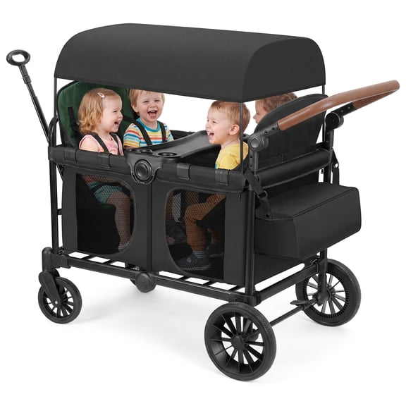 Bobiber Collapsible Wagon Stroller 4 Seater with 5-Point Harnesses, Canopy, Storage Bag, Adjustable Handlebar, 2 Cup Holders, Black