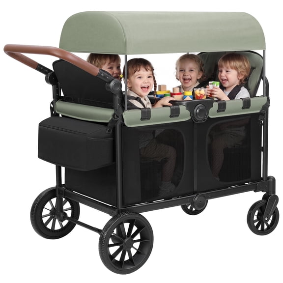 Bobiber Collapsible Wagon Stroller 4 Seater with 5-Point Harnesses, Canopy, Storage Bag, Adjustable Handlebar, 2 Cup Holders, Black+Green