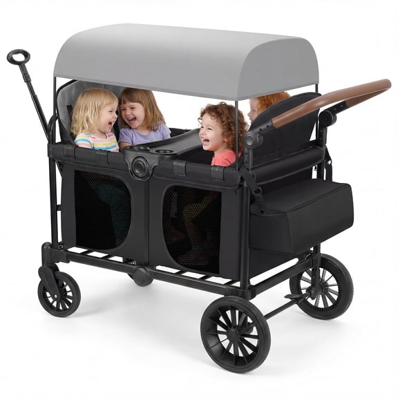 Bobiber Collapsible Wagon Stroller 4 Seater with 5-Point Harnesses, Canopy, Storage Bag, Adjustable Handlebar, 2 Cup Holders, Grey