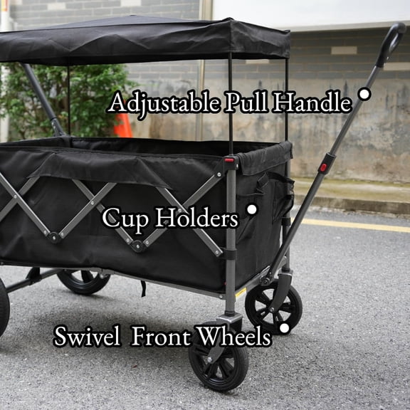 Stroller Wagon for 2 Kids, Folding Pull Push Cart with Removable Canopy, Big All Terrain Wheels, One Step Brake, 5 Point Safety Harness