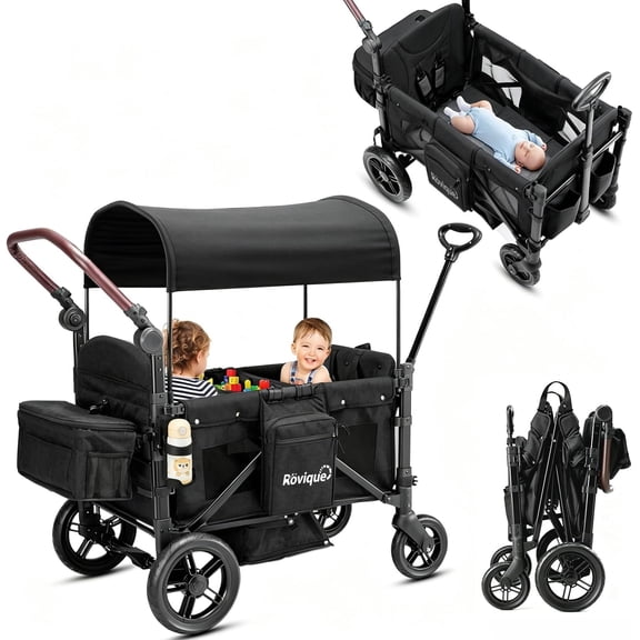 Rovique Double Wagon Stroller for Toddlers & Kids – Foldable Push/Pull Cart with Canopy, Cup Holder All-Terrain Wheels (Black)