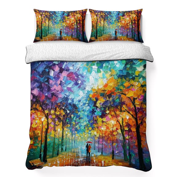 Strolling Couple 3 Piece Quilt Bedding Set with 2 Pillow Shams, Rainy Park Street Colorful Trees Romantic Lightweight Bedspread Coverlet, Soft Breathable All Season Quilt, 68 x 86 Inch