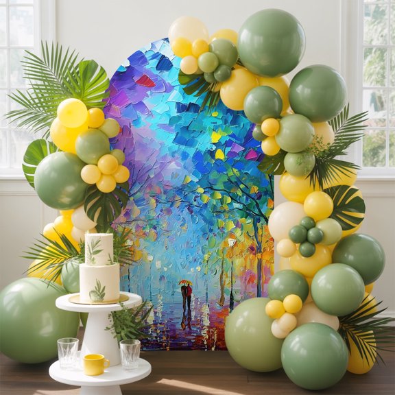 Strolling Couple Arch Backdrop Cover, 5FT, Rainy Park Street Trees Romantic Spandex Arch Covers Double-Sided Backdrop for Wedding Birthday Party Photo Background Decoration
