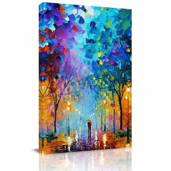 Strolling Couple Canvas Wall Art for Living Room, Rainy Park Street Trees Romantic Wall Decor Framed Artwork Pictures Ready to Hang for Bedroom Office Home Decor