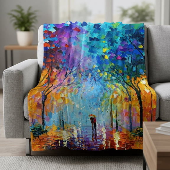 Strolling Couple Fleece Throw Blanket Rainy Park Street Trees Romantic Ultra Soft Fuzzy Cozy Flannel Throw Blanket for Couch Sofa Bed Car Travel, Ideal Gifts 50x80 Inches