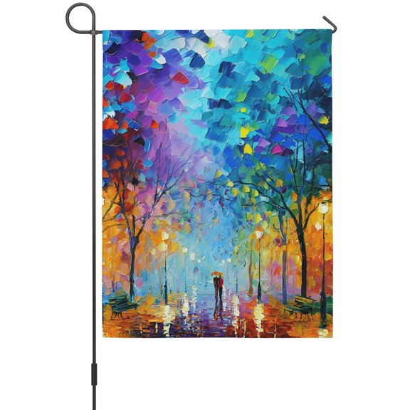 Strolling Couple House Flag 28 x 40 Inches, Rainy Park Street Trees Romantic Weather Proof Outdoor Patio Flags Double Sided Small House Decoration for Yard Lawn Outside Home
