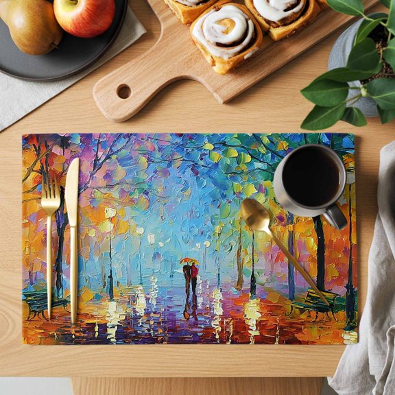 Strolling Couple Placemats Set of 2, Rainy Park Street Trees Romantic Non-Slip Place Mats Washable Table Mats for Kitchen Dining Table Decorations Indoor/Outdoor