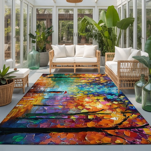 Strolling Couple Washable Area Rugs 3'x5', Rainy Park Street Colorful Trees Romantic Washable Throw Living Room Rug Non-Slip Sturdy Edge Binding Carpet for Indoor Entryway Bedside Kitchen