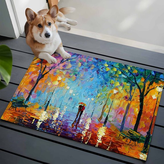 Strolling Couple Washable Entry Rug 2x3 Rainy Park Street Trees Romantic Low Pile Indoor Door Mat with Rubber Backing Thin Area Rug for for Entrance, Bedroom, Kitchen, Laundry, Bathroom