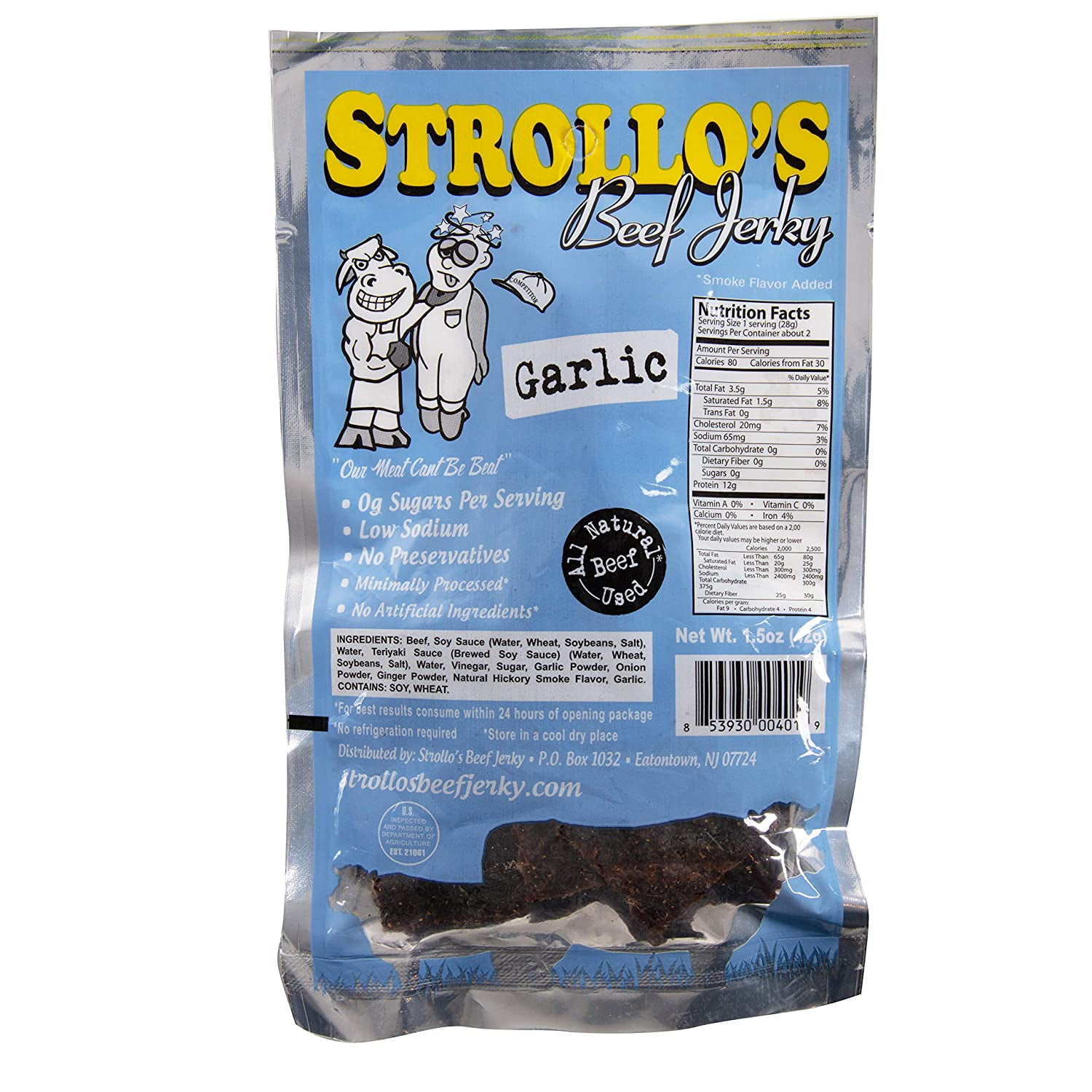 Strollo's Beef Jerky Garlic Original Flavor 1 Pack - Low Sodium, Low Sugar, Low Carb - Made with All Natural USA Beef, USDA Certified
