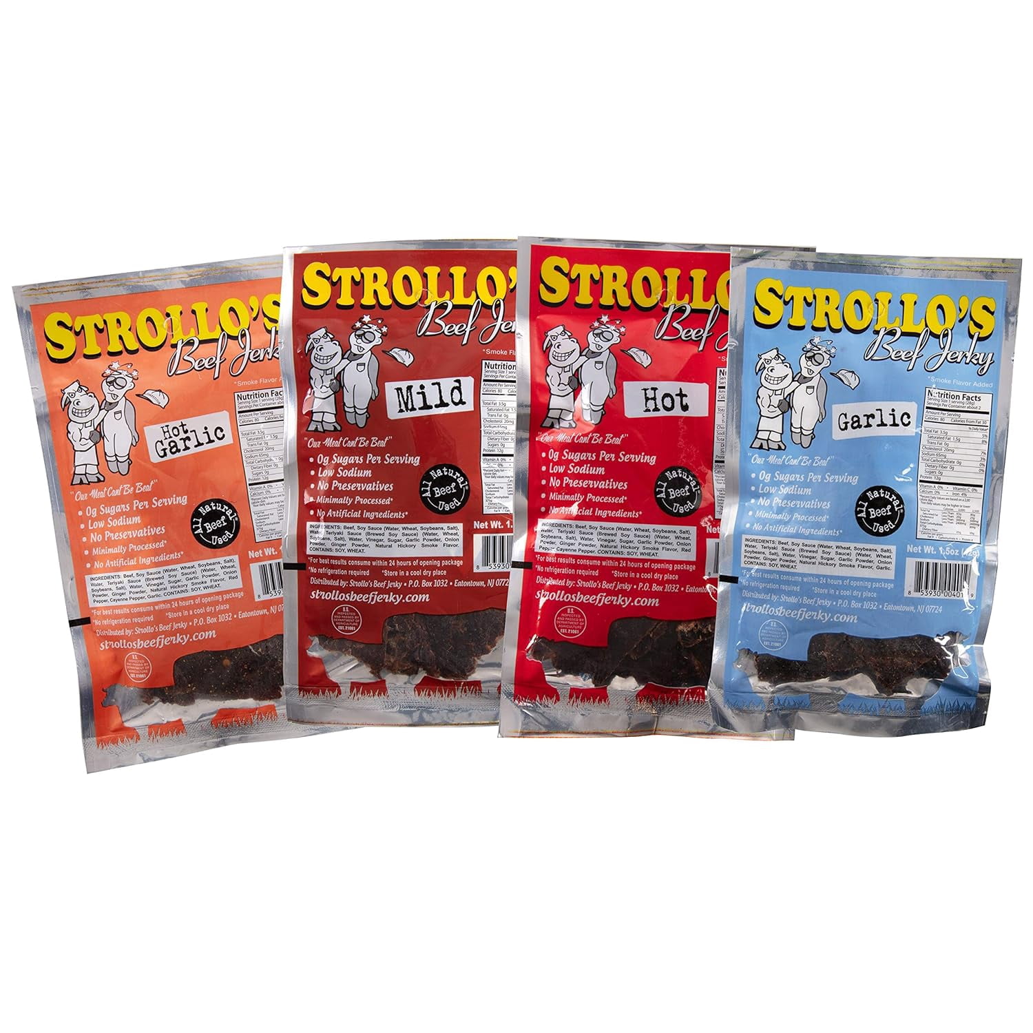 Strollo's Beef Jerky Sampler - Variety 4 Pack (1 of each flavor) Low Sodium, Low Carb, Low Sugar - Made with all Natural USA Beef, USDA Certified