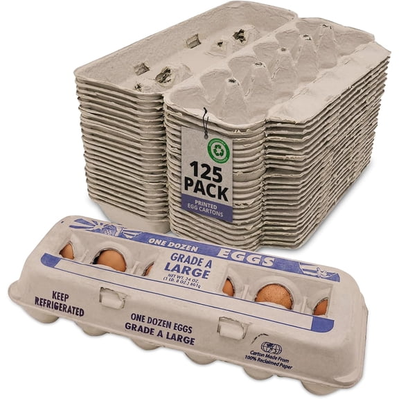 Stromberg's Grade A Large Printed Egg Cartons, Biodegradable and Eco-Friendly, Made From Recycled Materials, With Educational Prints for Safe Handling Instructions and Nutrition Facts, 125 PACK