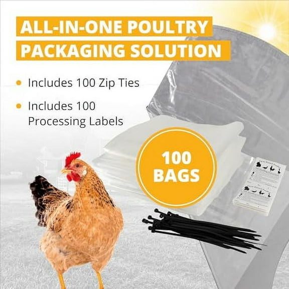 Stromberg's Poultry Heat Shrink Bags with Zip Ties & Processing Labels, 85 Micron Thickness, 3.4 Mil, BPA-Free, Kosher Certified, 10" x 18", Ideal for 2-10 lb Meat, Food-Grade, 100