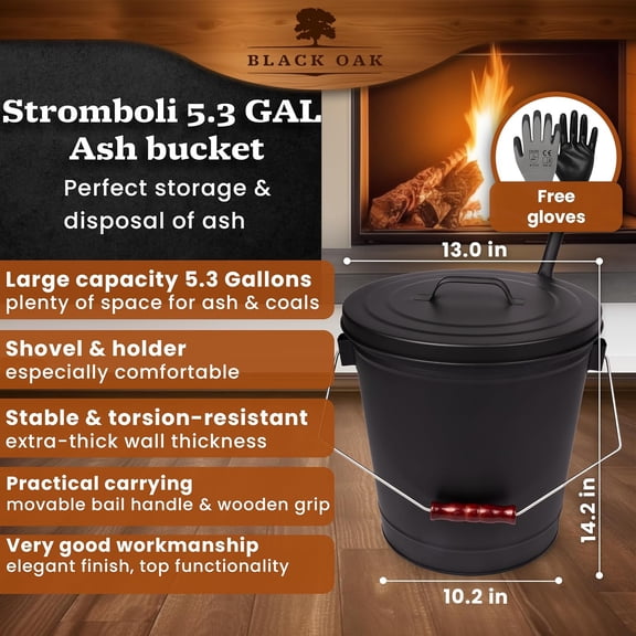 Stromboli 5.3 Gallon Ash Bucket with Lid, Shovel & Gloves - Fireproof Galvanized Steel for Fireplace, Wood Stove, Grill