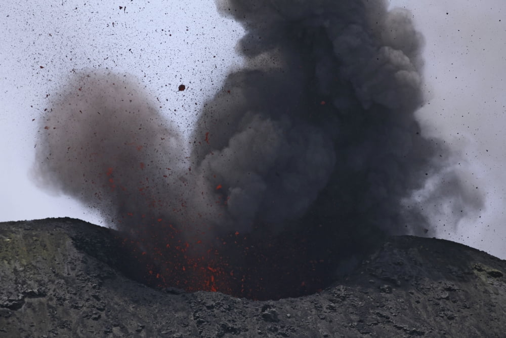 Stromboli eruption Aeolian Islands north of Sicily Italy Canvas Art - Martin RietzeStocktrek Images (17 x 12)