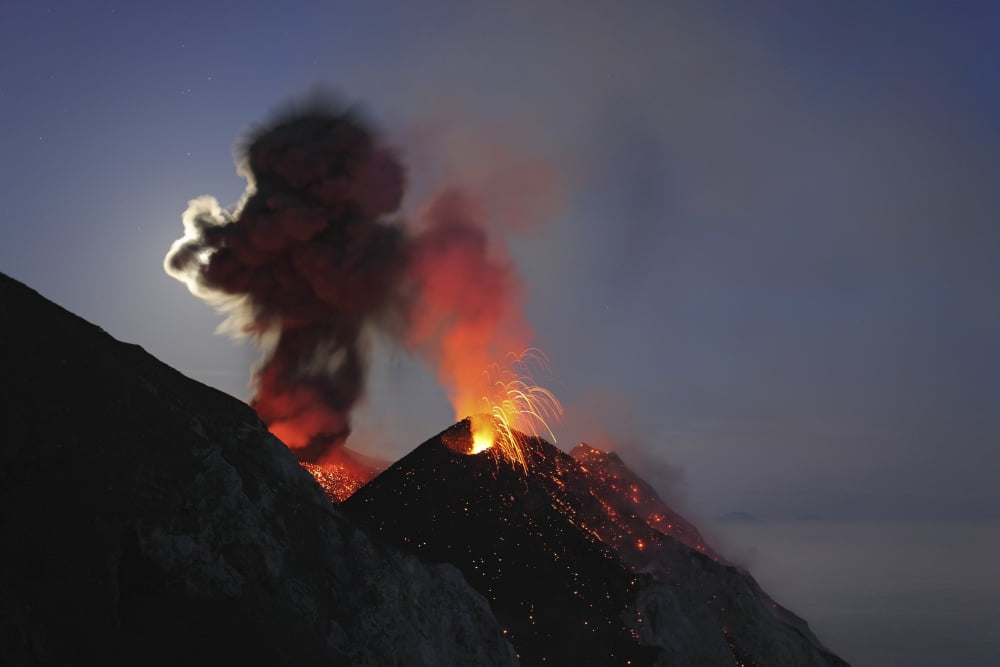 Stromboli eruption Aeolian Islands north of Sicily Italy Canvas Art - Martin RietzeStocktrek Images (17 x 12)