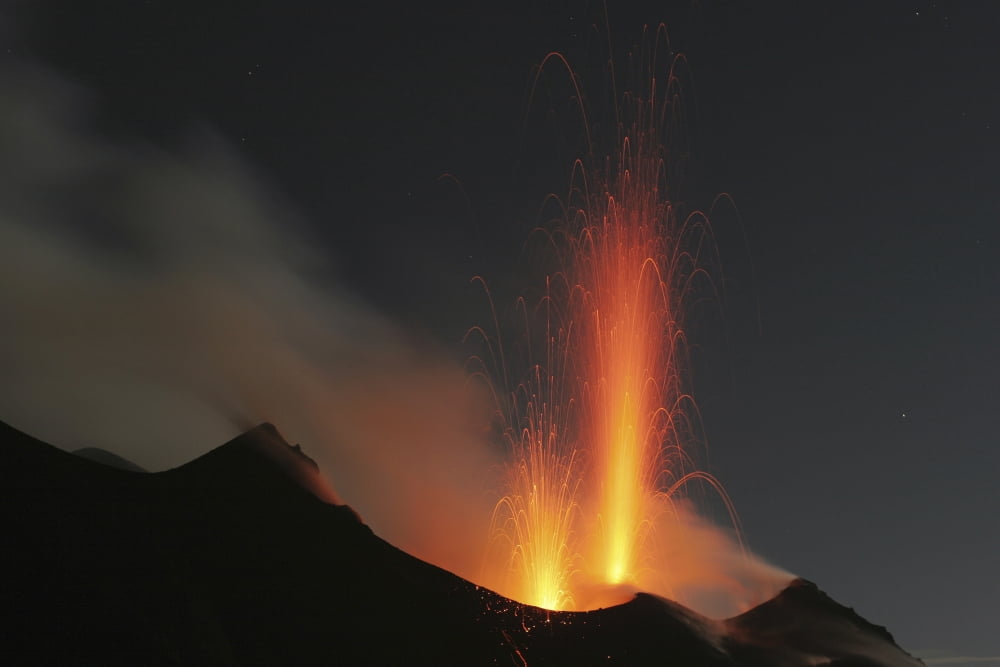 Stromboli eruption Aeolian Islands north of Sicily Italy Canvas Art - Martin RietzeStocktrek Images (34 x 23)
