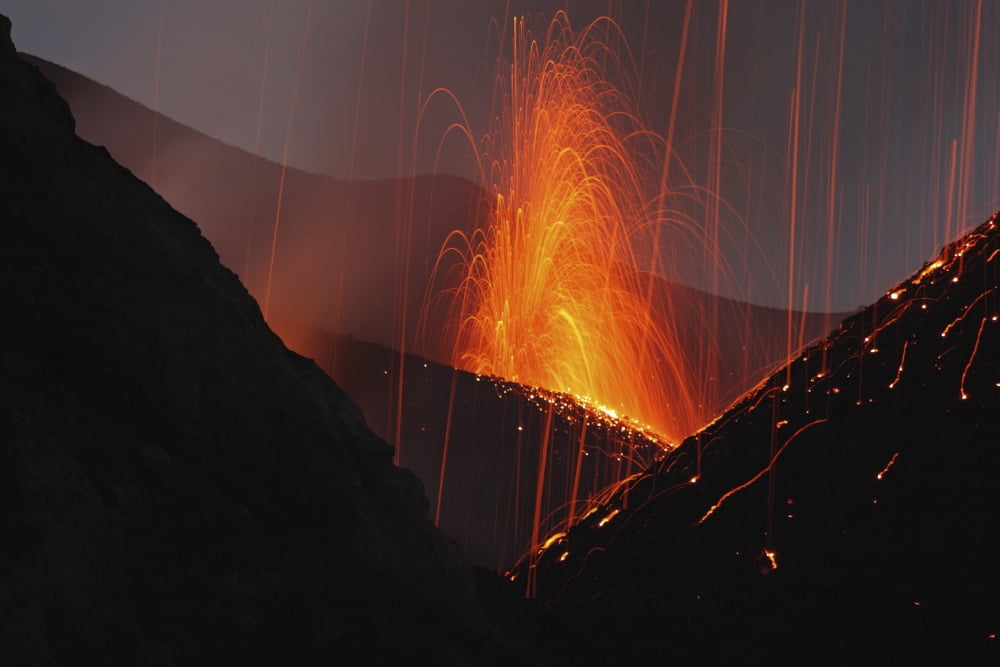 Stromboli eruption Aeolian Islands north of Sicily Italy Canvas Art - Martin RietzeStocktrek Images (34 x 23)