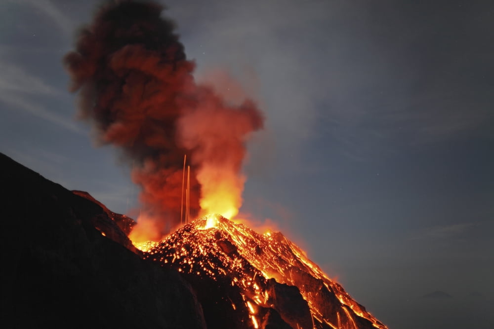 Stromboli eruption Aeolian Islands north of Sicily Italy Canvas Art - Martin RietzeStocktrek Images (34 x 23)