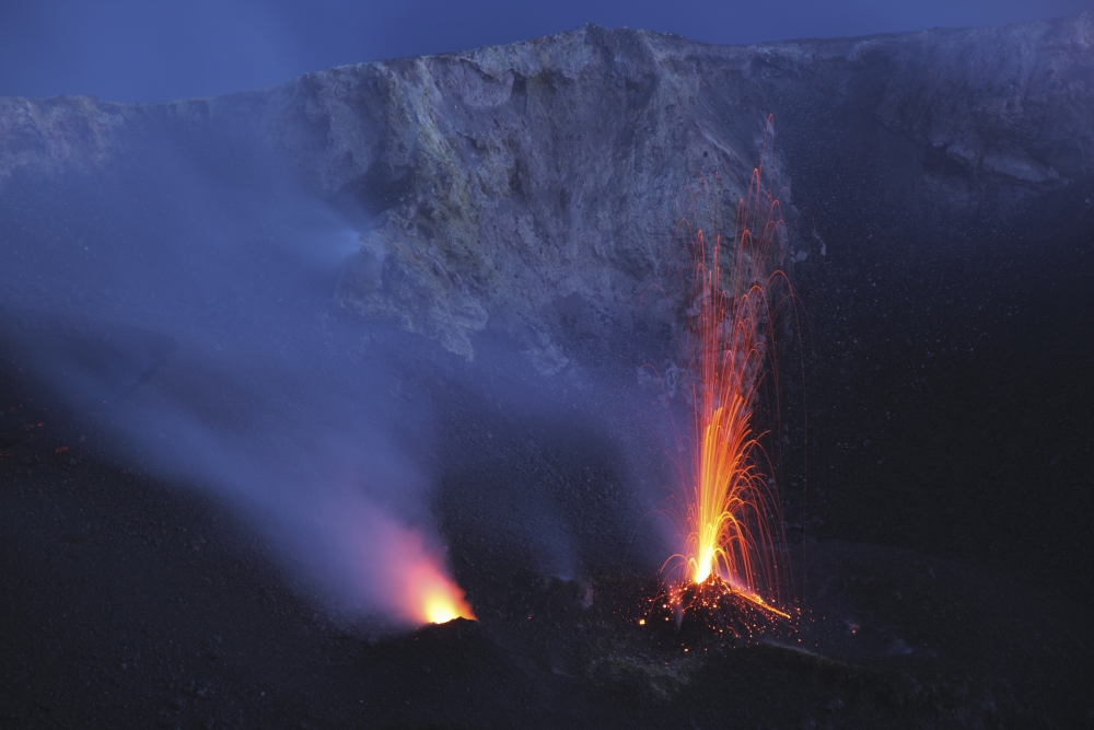 Stromboli eruption Aeolian Islands north of Sicily Italy Canvas Art - Martin RietzeStocktrek Images (34 x 23)