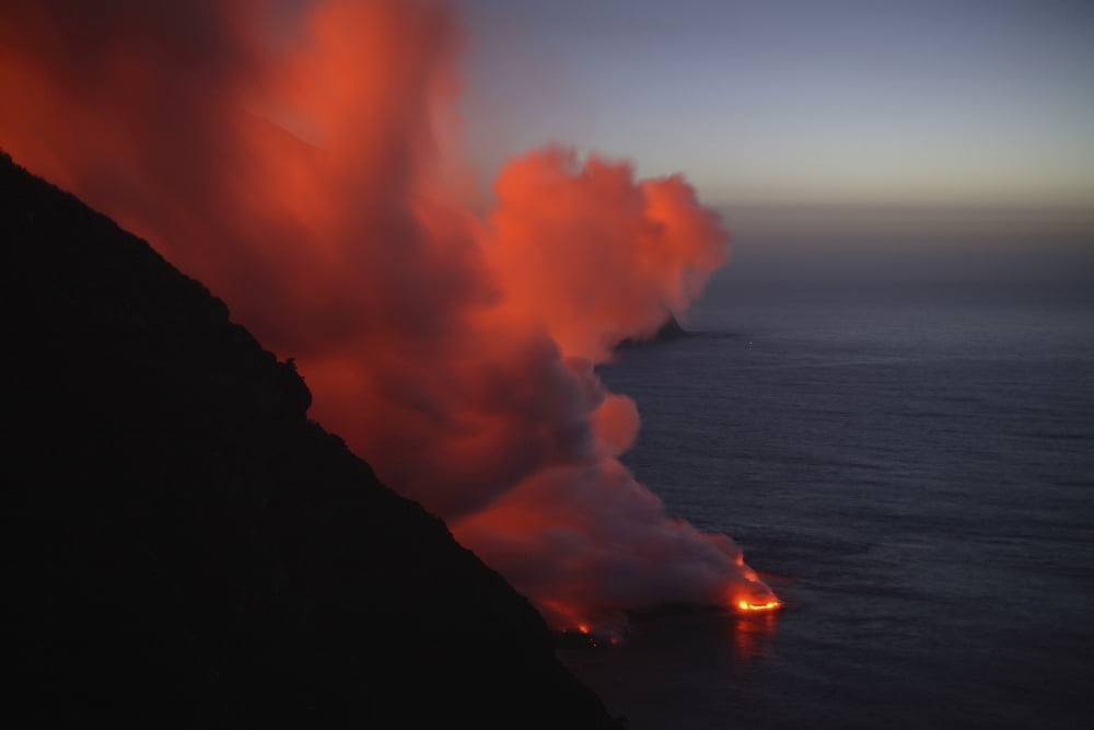 Stromboli eruption sea entry Aeolian Islands north of Sicily Italy Canvas Art - Martin RietzeStocktrek Images (34 x 23)