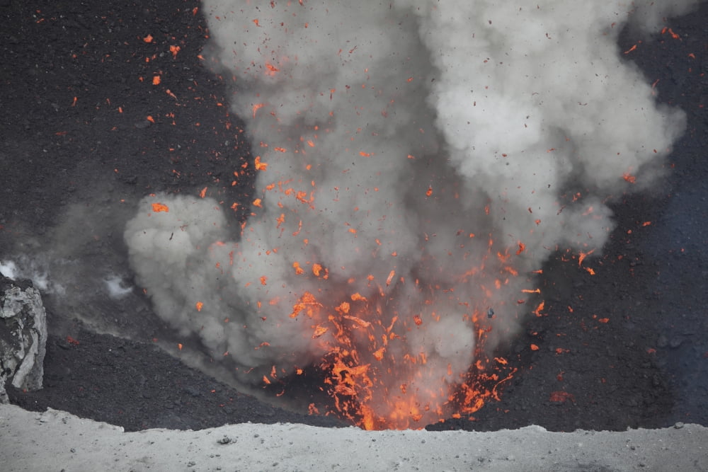 Strombolian eruption from vent in summit crater Yasur Volcano Tanna Island Vanuatu Canvas Art - Richard RoscoeStocktrek Images (18 x 12)
