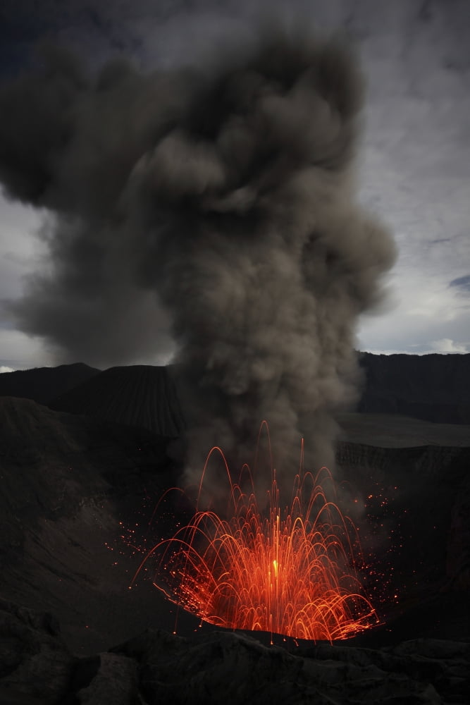Strombolian eruption of Mount Bromo volcano Tengger Caldera Java Indonesia Canvas Art - Richard RoscoeStocktrek Images (12 x 18)