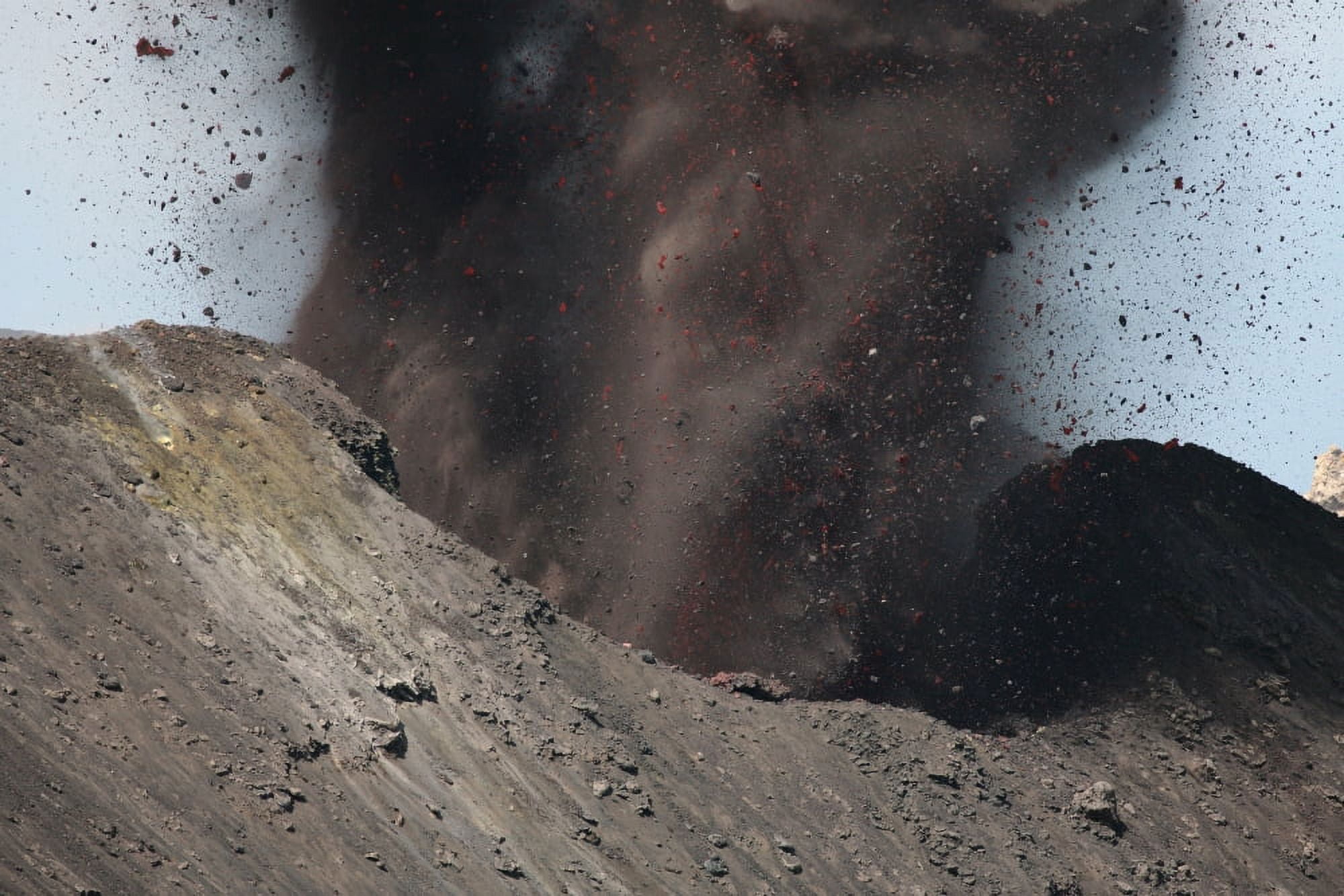 Strombolian eruption of Stromboli volcano producing ash cloud volcanic bombs and lava Italy Canvas Art - Richard RoscoeStocktrek Images (35 x 23)