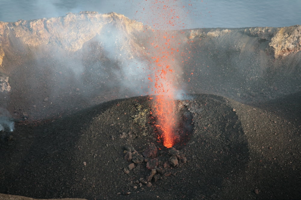 Strombolian eruption of vent in crater terrace of Stromboli volcano Aeolian Islands Italy Canvas Art - Richard RoscoeStocktrek Images (18 x 12)
