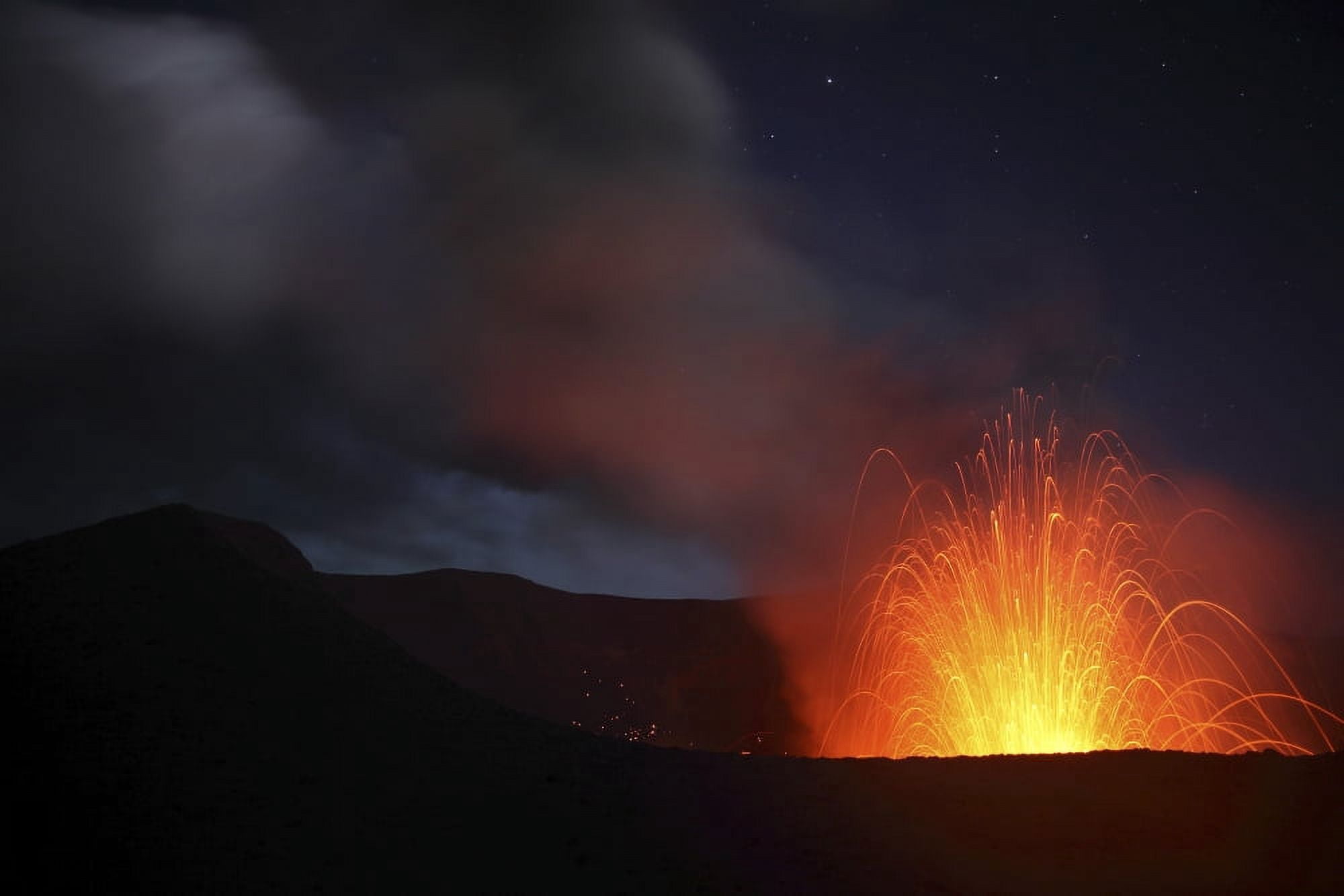 Strombolian eruption on starlit night Yasur Volcano Tanna Island Vanuatu Canvas Art - Richard RoscoeStocktrek Images (18 x 12)