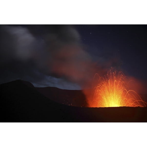 Strombolian eruption on starlit night Yasur Volcano Tanna Island Vanuatu Poster Print