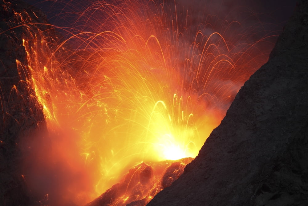 Strombolian type eruption of Batu Tara volcano Indonesia Canvas Art - Richard RoscoeStocktrek Images (18 x 12)