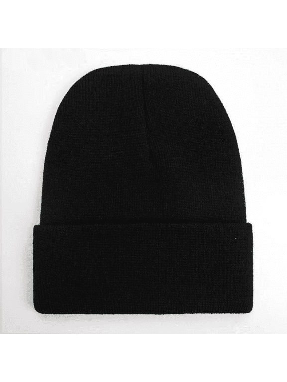 Men Women Knit Skully Beanie Hat Ski Cap Cuff Slouchy Plain Solid Warm Winter - Black