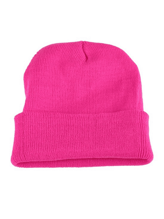 Men Women Knit Skully Beanie Hat Ski Cap Cuff Slouchy Plain Solid Warm Winter - Hot Pink