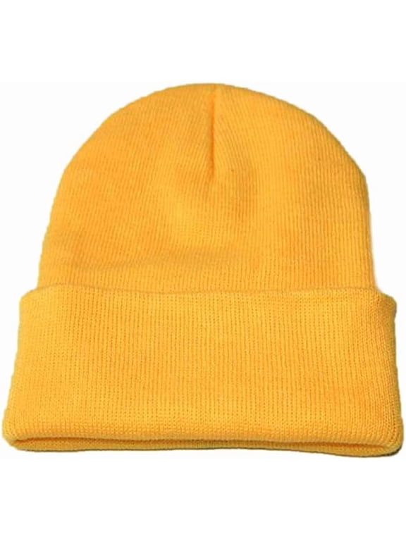 Men Women Knit Skully Beanie Hat Ski Cap Cuff Slouchy Plain Solid Warm Winter - Yellow