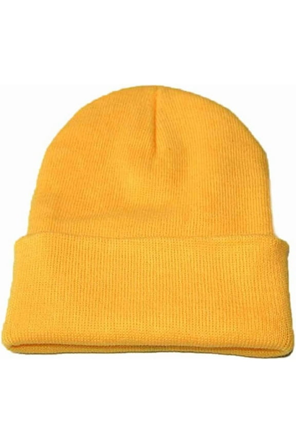 Men Women Knit Skully Beanie Hat Ski Cap Cuff Slouchy Plain Solid Warm Winter - Yellow