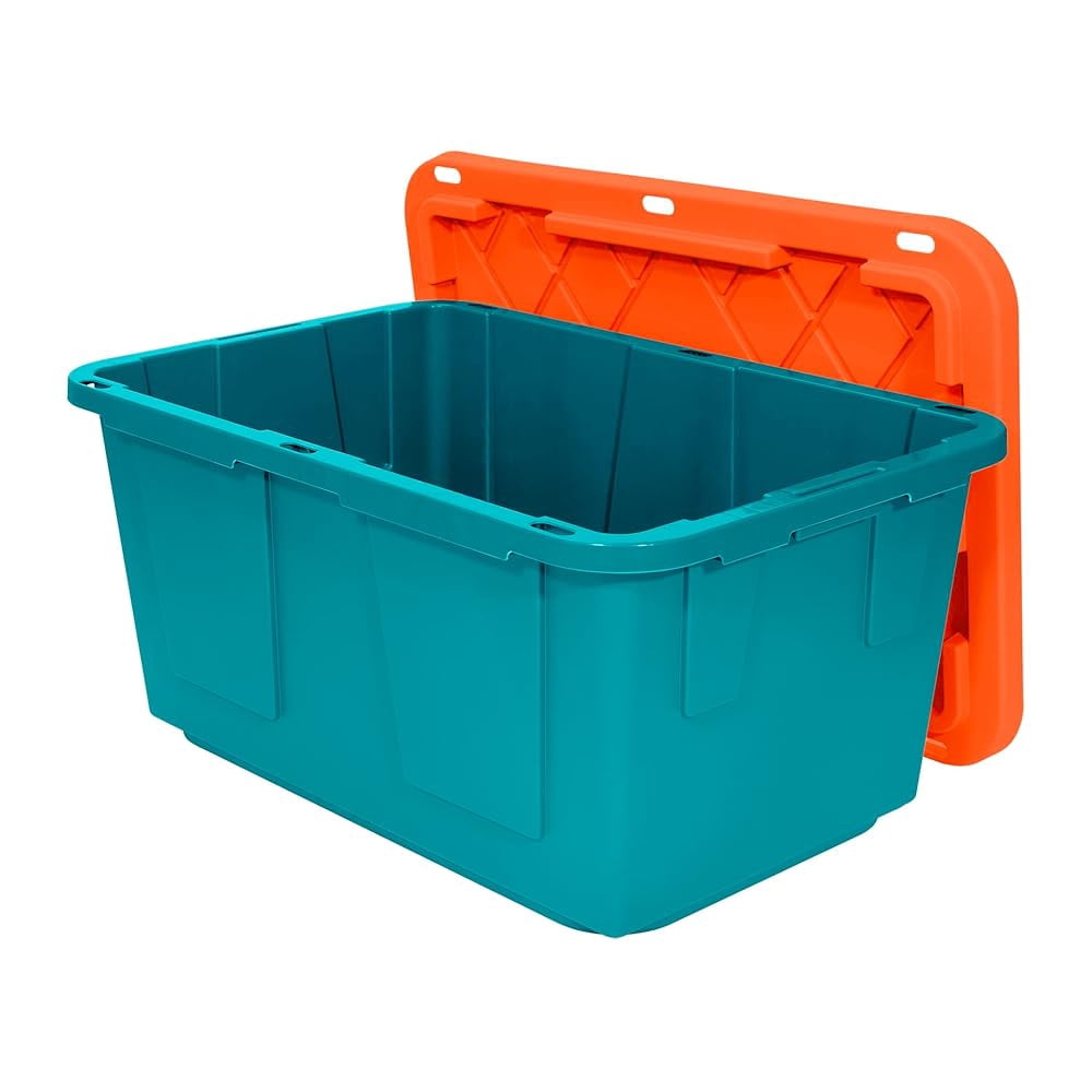 Strong 27Gallon Plastic Storage Bin, Multi Color, 4 Pack. Heavy Duty Built With Snap Fit Lid