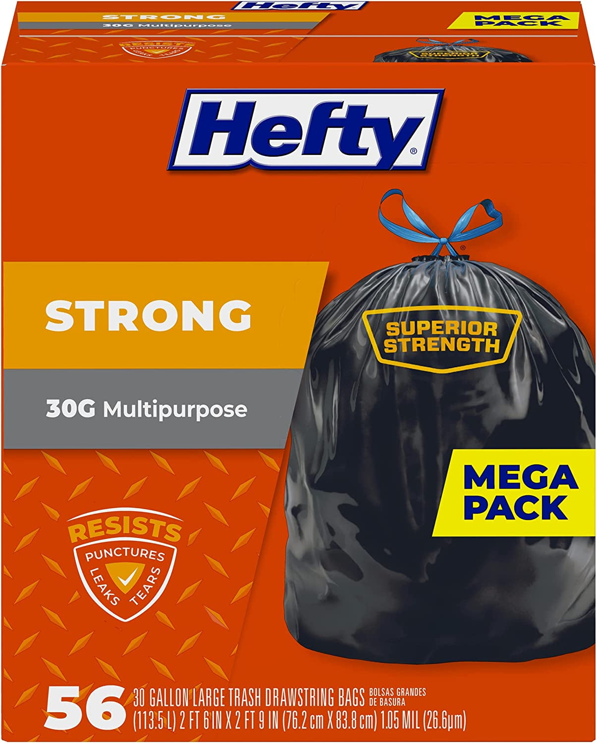 Strong 30 Gallon Trash Bags, Large Bags Size, Durable Drawstring Enclosure, Resists Punctures, Leaks, and Tears, , Unscented, 56
