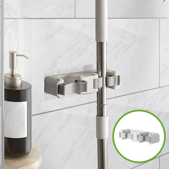 Strong Adhesive No Drill Mop Holder for Wall, Heavy Duty Broom Clamp Organizer, Waterproof Plastic Mop Hanger with Super Sticky Pad, Space Saving Bathroom Storage for Brooms and Cleaning Tools