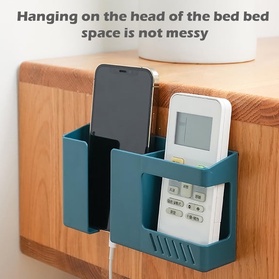 Strong Adhesive Wall Mount Phone Holder, Punch-Free Bedside Phone Shelf with Charging Port, Sticky Remote Control Storage Box, Bathroom & Kitchen Wall Organizer, Lazy Mobile Phone Rack,Blue