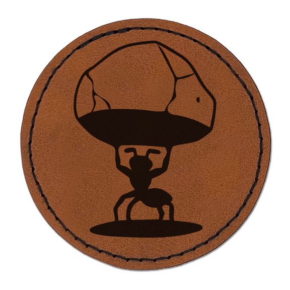Strong Ant Insect Lifting Rock Stone Power Round Iron-On Engraved Faux Leather Patch Applique - 2.5 Inch - Brown