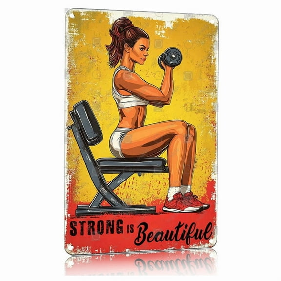 Strong Is Beautiful Motivational Metal Sign for Gym Fitness Workout Room Decor 8x12 Inch Aluminum Wall Art Inspirational Poster for WomeHome Office Garage Studio Strength Training Motivation