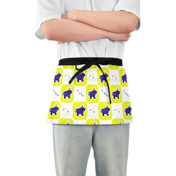 Strong Bull and Horn Server Apron with 3 Pockets Waterproof Waitress Waist Short Apron for Man Woman 12 Inches